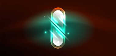 Neon parlayan geometrik şekiller vektör soyut arkaplanı. Yuvarlak elementler, ışık efektleri ve renk arkaplanlı parlak cam. Uzay kozmik ya da sihirli enerji duvar kağıdı