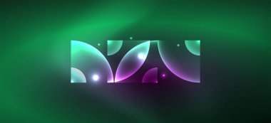 Parlak ışık efektli soyut bir arkaplan. Yuvarlak şekiller, üçgenler ve daireler. Yapay Zeka teknolojisi, engelleme zinciri, iletişim, 5G, bilim, iş ve teknoloji konsepti için duvar kağıdı