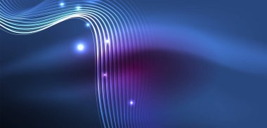 Parlak neon dalgalar. Neon ışığı ya da lazer gösterisi, elektrik akımı, güç hatları, tekno kuantum enerji dürtüsü, parlayan sihirli dinamik çizgiler.