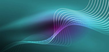 Parlak neon dalgalar. Neon ışığı ya da lazer gösterisi, elektrik akımı, güç hatları, tekno kuantum enerji dürtüsü, parlayan sihirli dinamik çizgiler.