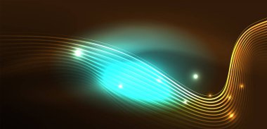 Parlak neon dalgalar. Neon ışığı ya da lazer gösterisi, elektrik akımı, güç hatları, tekno kuantum enerji dürtüsü, parlayan sihirli dinamik çizgiler.