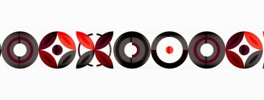 Soyut arkaplan - minimalist daireler ve çeşitli boyutlarda daireler ve diğer geometrik şekillerle yuvarlak elementler bileşimi. Elementler simetrik olarak şebekeye benzer bir şekilde dizilmiştir.