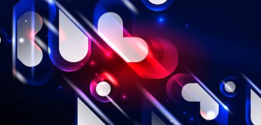 Soyut arkaplan parlayan neon ışıklı geometrik şekiller. Duvar kağıdı, bayrak, arkaplan, kart, kitap illüstrasyonu, iniş sayfası için uzay kozmik ya da sihirli enerji vektör duvar kağıdı