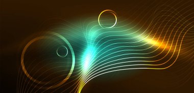 Neon çizgileri ve dalgalar soyut arkaplan. Duvar kağıdı, pankart, arkaplan, iniş sayfası, duvar sanatı, davetiye, baskılar, posterler için parlayan tekno neon şekiller vektör ilülasyonu