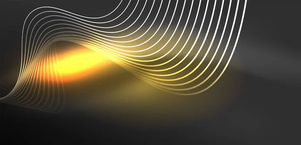 輝くネオン波 ネオンライトやレーザーショー 電気インパルス パワーライン テクノ量子エネルギーインパルス 魔法の輝くダイナミックライン — ストックベクタ