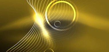 Neon lazer hatları, daire dalgaları soyut arkaplan. Neon ışığı ya da lazer gösterisi, elektrik akımı, güç hatları, tekno kuantum enerji dürtüsü, parlayan sihirli dinamik çizgiler.