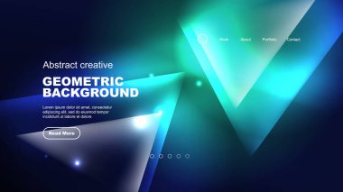 Abstract background landing page, glass geometric shapes with blue glowing neon light reflections, energy effect concept on glossy forms clipart