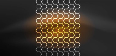 Altıgen soyut arkaplan. Duvar kağıdı, afiş, arkaplan, iniş sayfası, duvar sanatı, davetiye, baskılar için tekno parlayan neon altıgen şekiller vektör ilüstrasyonunu şekillendirir