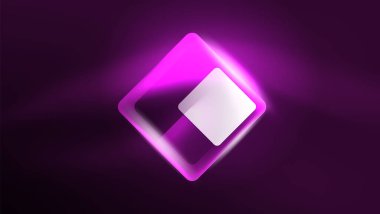 Soyut arkaplan iniş sayfası, parıldayan neon ışık yansımaları ile cam geometrik şekiller, parlak formlar üzerinde enerji etkisi kavramı