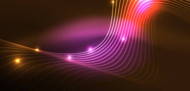 Parlak neon dalgalar. Neon ışığı ya da lazer gösterisi, elektrik akımı, güç hatları, tekno kuantum enerji dürtüsü, parlayan sihirli dinamik çizgiler.