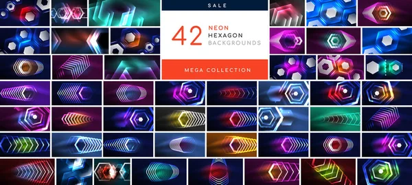 Mega Kolekce Neonového Efektu Pozadí Šestiúhelníku Backdrop Svazek Pro Tapety — Stockový vektor
