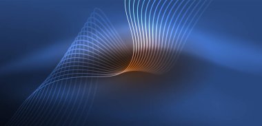 Parlak neon dalgalar. Neon ışığı ya da lazer gösterisi, elektrik akımı, güç hatları, tekno kuantum enerji dürtüsü, parlayan sihirli dinamik çizgiler.