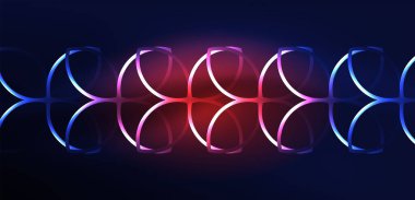 Neon lazer hatları, daire dalgaları soyut arkaplan. Neon ışığı ya da lazer gösterisi, elektrik akımı, güç hatları, tekno kuantum enerji dürtüsü, parlayan sihirli dinamik çizgiler.