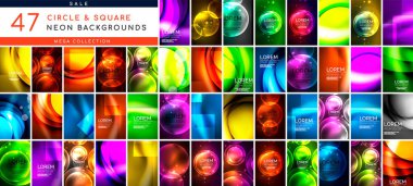 Neon daireler ve karelerden oluşan büyük bir koleksiyon. Duvar kağıdı, afiş, arkaplan, iniş sayfası, duvar sanatı, davetiye, baskılar, posterler için elementler