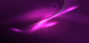 Neon çizgileri ve dalgalar soyut arkaplan. Duvar kağıdı, pankart, arkaplan, iniş sayfası, duvar sanatı, davetiye, baskılar, posterler için parlayan tekno neon şekiller vektör ilülasyonu
