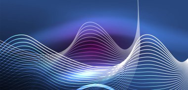 Neon çizgileri ve dalgalar soyut arkaplan. Duvar kağıdı, pankart, arkaplan, iniş sayfası, duvar sanatı, davetiye, baskılar, posterler için parlayan tekno neon şekiller vektör ilülasyonu