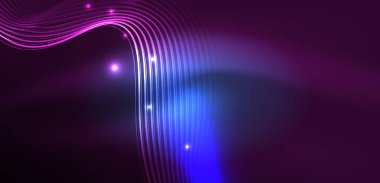 Parlak neon dalgalar. Neon ışığı ya da lazer gösterisi, elektrik akımı, güç hatları, tekno kuantum enerji dürtüsü, parlayan sihirli dinamik çizgiler.