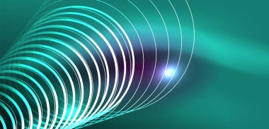 Neon çizgileri ve dalgalar soyut arkaplan. Duvar kağıdı, pankart, arkaplan, iniş sayfası, duvar sanatı, davetiye, baskılar, posterler için parlayan tekno neon şekiller vektör ilülasyonu