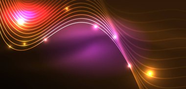 Parlak neon dalgalar. Neon ışığı ya da lazer gösterisi, elektrik akımı, güç hatları, tekno kuantum enerji dürtüsü, parlayan sihirli dinamik çizgiler.