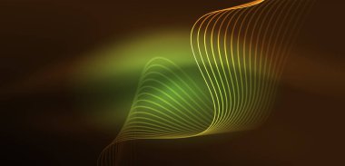 Parlak neon dalgalar. Neon ışığı ya da lazer gösterisi, elektrik akımı, güç hatları, tekno kuantum enerji dürtüsü, parlayan sihirli dinamik çizgiler.