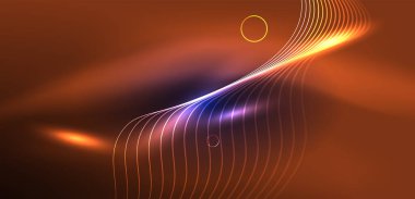 Neon lazer hatları, daire dalgaları soyut arkaplan. Neon ışığı ya da lazer gösterisi, elektrik akımı, güç hatları, tekno kuantum enerji dürtüsü, parlayan sihirli dinamik çizgiler.