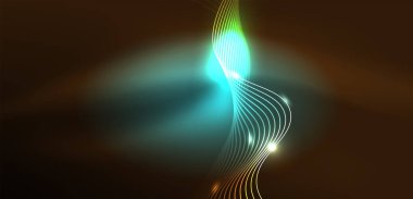 Parlak neon dalgalar. Neon ışığı ya da lazer gösterisi, elektrik akımı, güç hatları, tekno kuantum enerji dürtüsü, parlayan sihirli dinamik çizgiler.