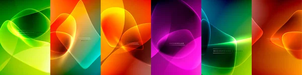 Bright Neon Glowing Flowing Elements Abstract Backgrounds Design Set Wallpaper — Stock Vector