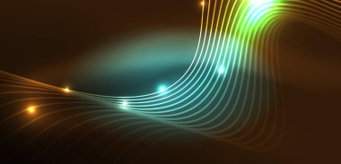 Parlak neon dalgalar. Neon ışığı ya da lazer gösterisi, elektrik akımı, güç hatları, tekno kuantum enerji dürtüsü, parlayan sihirli dinamik çizgiler.