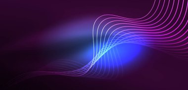 Parlak neon dalgalar. Neon ışığı ya da lazer gösterisi, elektrik akımı, güç hatları, tekno kuantum enerji dürtüsü, parlayan sihirli dinamik çizgiler.