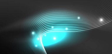 Parlak neon dalgalar. Neon ışığı ya da lazer gösterisi, elektrik akımı, güç hatları, tekno kuantum enerji dürtüsü, parlayan sihirli dinamik çizgiler.