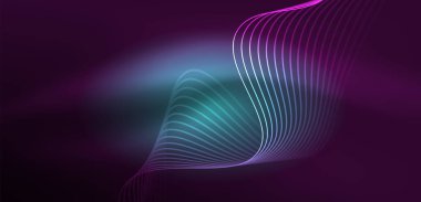 Parlak neon dalgalar. Neon ışığı ya da lazer gösterisi, elektrik akımı, güç hatları, tekno kuantum enerji dürtüsü, parlayan sihirli dinamik çizgiler.