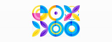 Soyut arkaplan - minimalist daireler ve çeşitli boyutlarda daireler ve diğer geometrik şekillerle yuvarlak elementler bileşimi. Elementler simetrik olarak şebekeye benzer bir şekilde dizilmiştir.