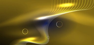 Neon lazer hatları, daire dalgaları soyut arkaplan. Neon ışığı ya da lazer gösterisi, elektrik akımı, güç hatları, tekno kuantum enerji dürtüsü, parlayan sihirli dinamik çizgiler.