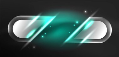 Neon parlayan geometrik şekiller vektör soyut arkaplanı. Yuvarlak elementler, ışık efektleri ve renk arkaplanlı parlak cam. Uzay kozmik ya da sihirli enerji duvar kağıdı
