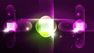 Soyut arkaplan iniş sayfası, parıldayan neon ışık yansımaları ile cam geometrik şekiller, parlak formlar üzerinde enerji etkisi kavramı