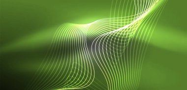 Parlak neon dalgalar. Neon ışığı ya da lazer gösterisi, elektrik akımı, güç hatları, tekno kuantum enerji dürtüsü, parlayan sihirli dinamik çizgiler.