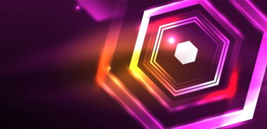 Soyut arka plan tekno neon altıgenleri. Duvar kağıdı, afiş, arkaplan, iniş sayfası, duvar resimleri, davetiye, baskılar, posterler için yüksek teknoloji vektör ilüstrasyonuName