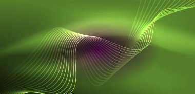 Parlak neon dalgalar. Neon ışığı ya da lazer gösterisi, elektrik akımı, güç hatları, tekno kuantum enerji dürtüsü, parlayan sihirli dinamik çizgiler.