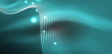 Parlak neon dalgalar. Neon ışığı ya da lazer gösterisi, elektrik akımı, güç hatları, tekno kuantum enerji dürtüsü, parlayan sihirli dinamik çizgiler.