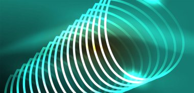 Neon çizgileri ve dalgalar soyut arkaplan. Duvar kağıdı, pankart, arkaplan, iniş sayfası, duvar sanatı, davetiye, baskılar, posterler için parlayan tekno neon şekiller vektör ilülasyonu