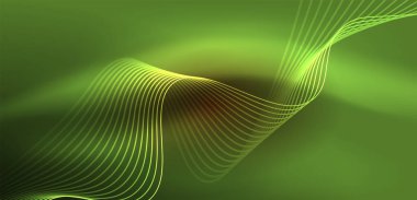 Parlak neon dalgalar. Neon ışığı ya da lazer gösterisi, elektrik akımı, güç hatları, tekno kuantum enerji dürtüsü, parlayan sihirli dinamik çizgiler.