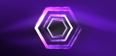Altıgen soyut arkaplan. Duvar kağıdı, afiş, arkaplan, iniş sayfası, duvar sanatı, davetiye, baskılar için tekno parlayan neon altıgen şekiller vektör ilüstrasyonunu şekillendirir