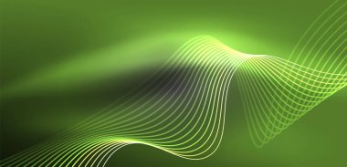 Parlak neon dalgalar. Neon ışığı ya da lazer gösterisi, elektrik akımı, güç hatları, tekno kuantum enerji dürtüsü, parlayan sihirli dinamik çizgiler.