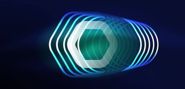 Altıgen soyut arkaplan. Duvar kağıdı, afiş, arkaplan, iniş sayfası, duvar sanatı, davetiye, baskılar için tekno parlayan neon altıgen şekiller vektör ilüstrasyonunu şekillendirir