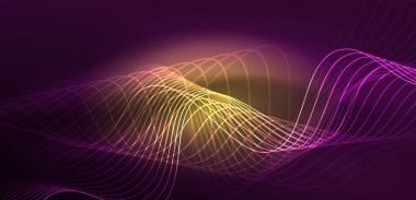 Parlak neon dalgalar. Neon ışığı ya da lazer gösterisi, elektrik akımı, güç hatları, tekno kuantum enerji dürtüsü, parlayan sihirli dinamik çizgiler.