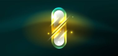 Neon parlayan geometrik şekiller vektör soyut arkaplanı. Yuvarlak elementler, ışık efektleri ve renk arkaplanlı parlak cam. Uzay kozmik ya da sihirli enerji duvar kağıdı