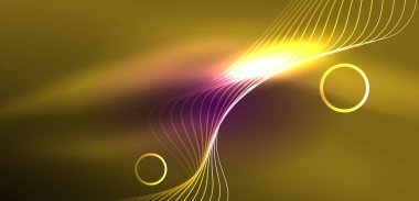 Neon çizgileri ve dalgalar soyut arkaplan. Duvar kağıdı, pankart, arkaplan, iniş sayfası, duvar sanatı, davetiye, baskılar, posterler için parlayan tekno neon şekiller vektör ilülasyonu
