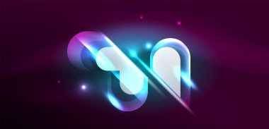 Neon parlayan geometrik şekiller vektör soyut arkaplanı. Yuvarlak elementler, ışık efektleri ve renk arkaplanlı parlak cam. Uzay kozmik ya da sihirli enerji duvar kağıdı