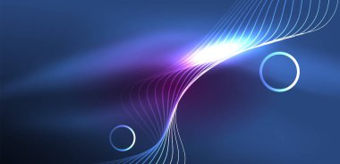 Neon çizgileri ve dalgalar soyut arkaplan. Duvar kağıdı, pankart, arkaplan, iniş sayfası, duvar sanatı, davetiye, baskılar, posterler için parlayan tekno neon şekiller vektör ilülasyonu