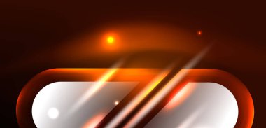 Neon parlayan geometrik şekiller vektör soyut arkaplanı. Yuvarlak elementler, ışık efektleri ve renk arkaplanlı parlak cam. Uzay kozmik ya da sihirli enerji duvar kağıdı